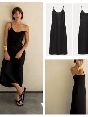Zara Black Slip Midi Dress with Thin Straps